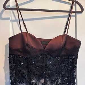 Zara Brown Satin and Black Lace Cami Dress